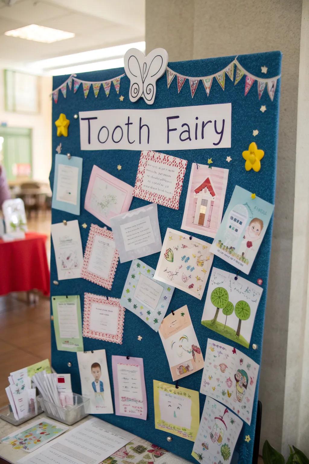 A whimsical bulletin board featuring postcards to the Tooth Fairy.