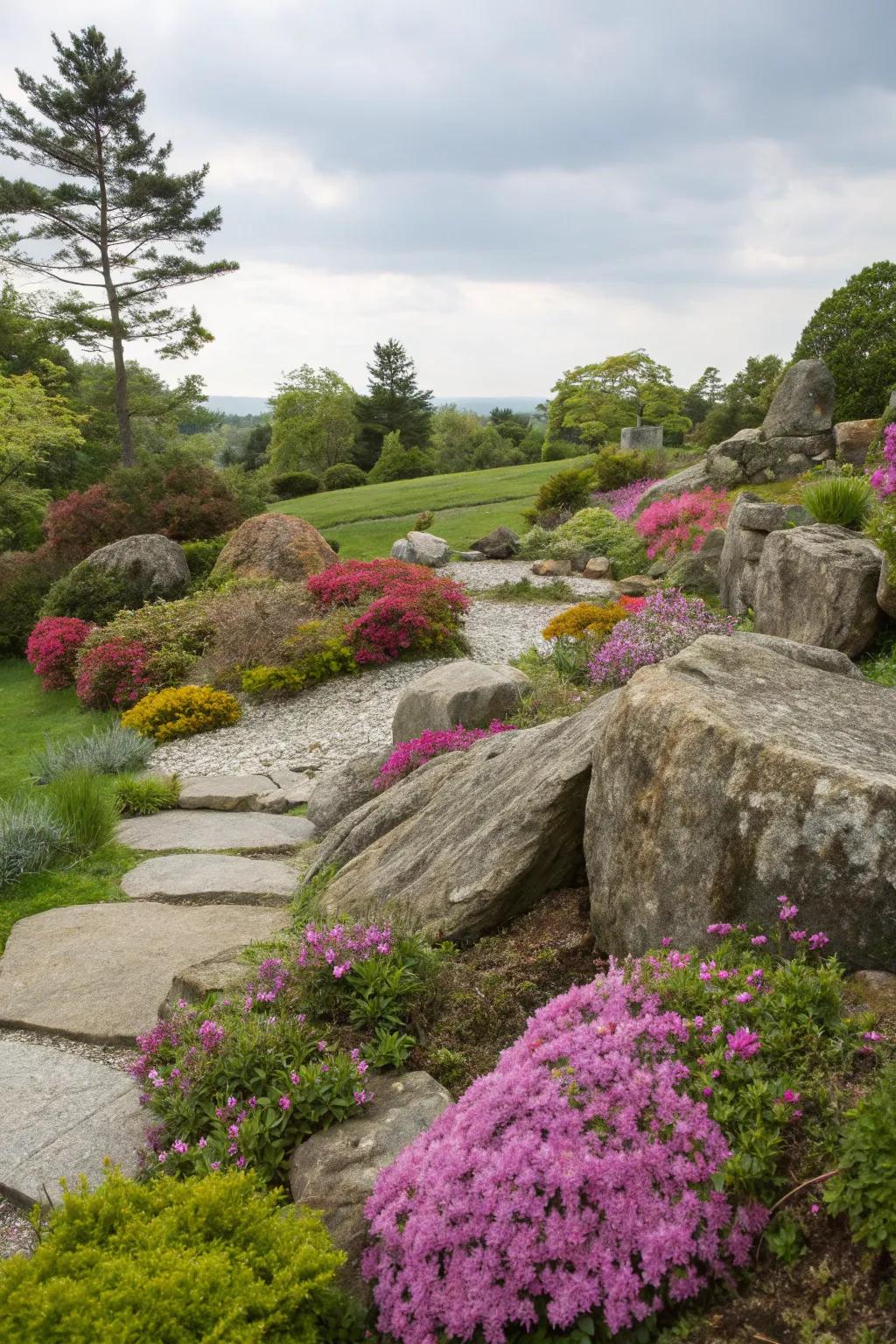 Natural rocks adding drama and beauty to a perennial garden.