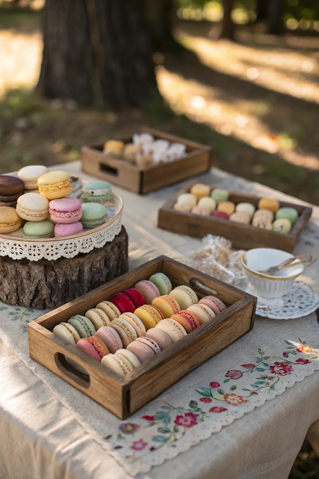 Rustic wooden trays with assorted macarons.