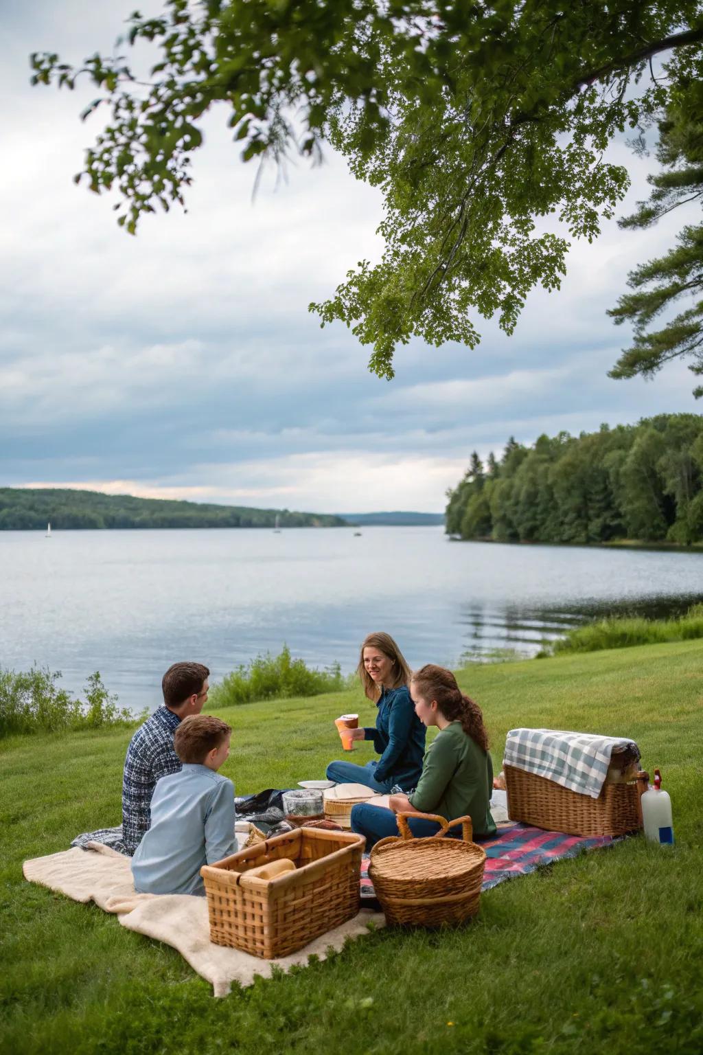 A peaceful lakeside picnic spot in Maine.