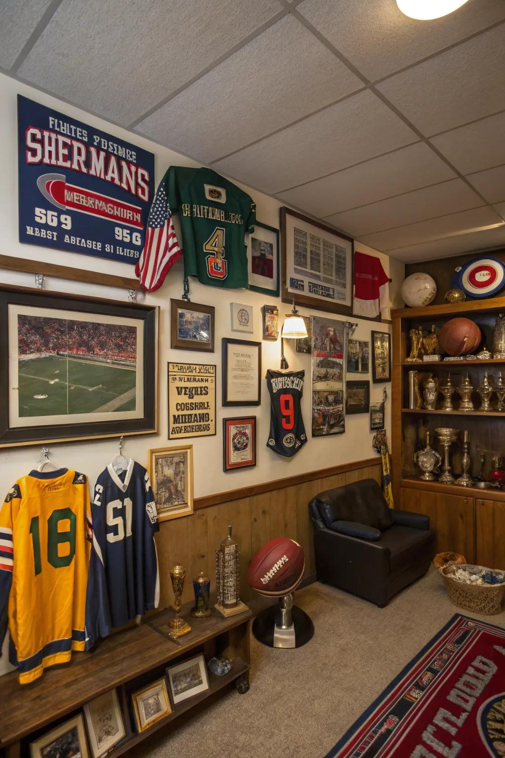 Personalized thematic decor in a man cave.