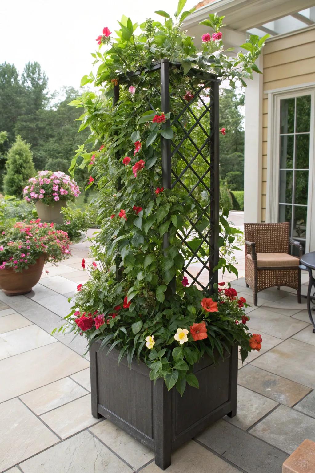 A container trellis filled with mandevilla brings color and charm to any patio space.