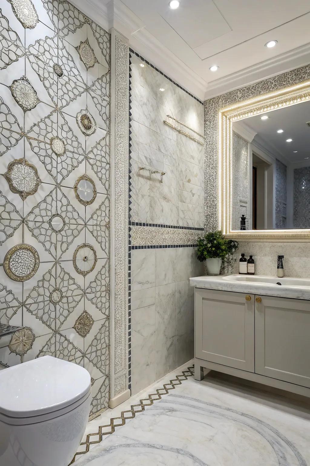 Intricate marble mosaics add texture and interest to this bathroom.