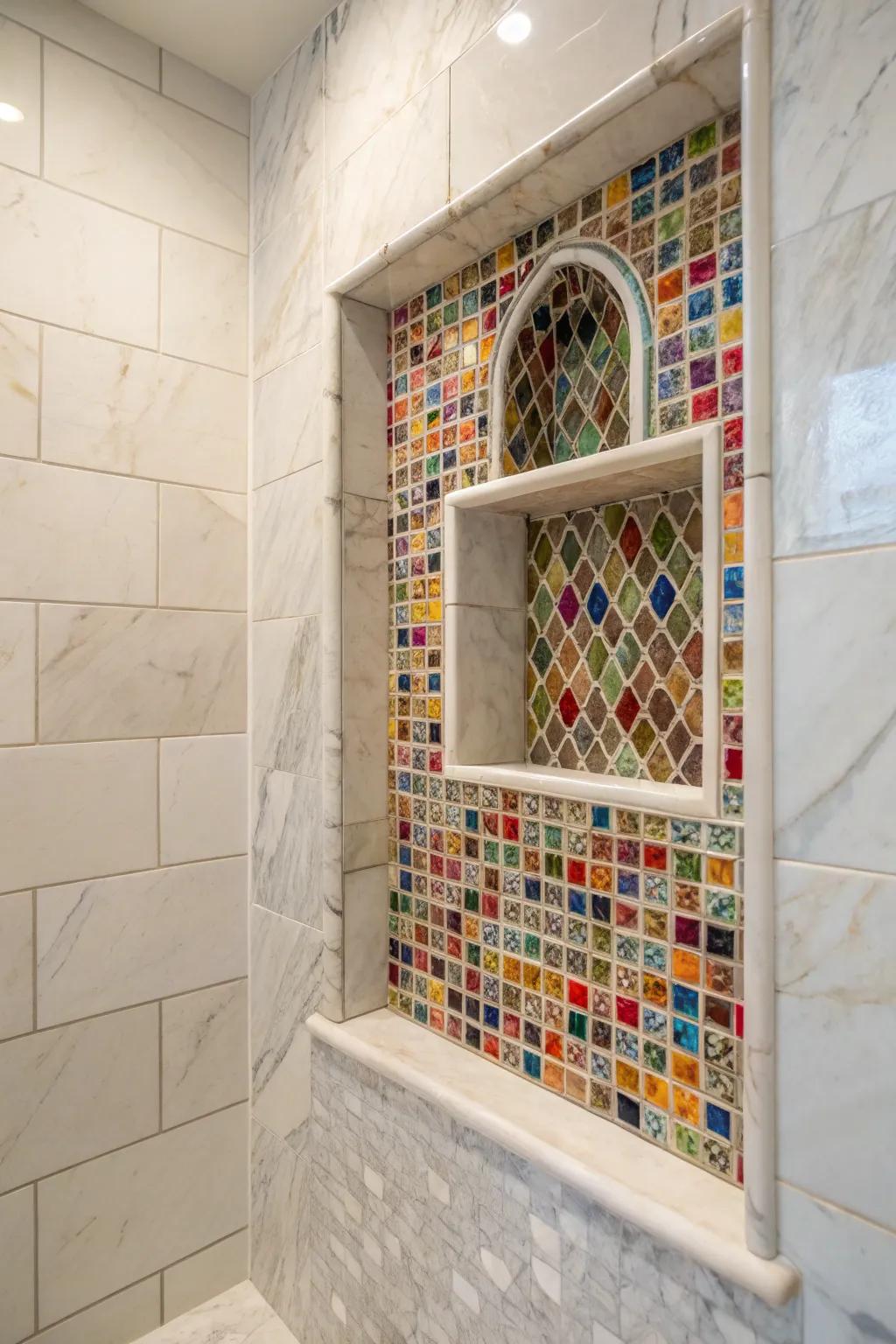 Mosaic tiles within a marble niche create a stunning focal point.