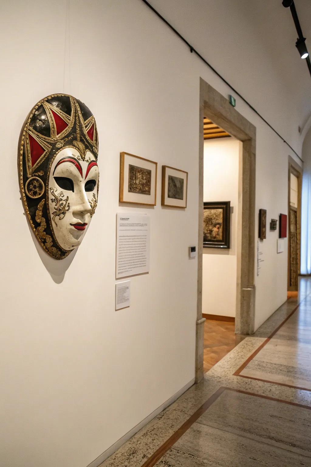 A single mask displayed as an art piece creates a gallery-like ambiance.
