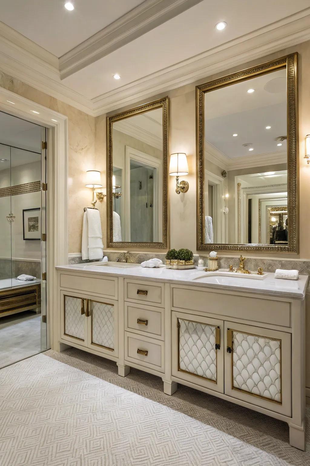 Elegant bathroom showcasing double vanities and chic mirrors.