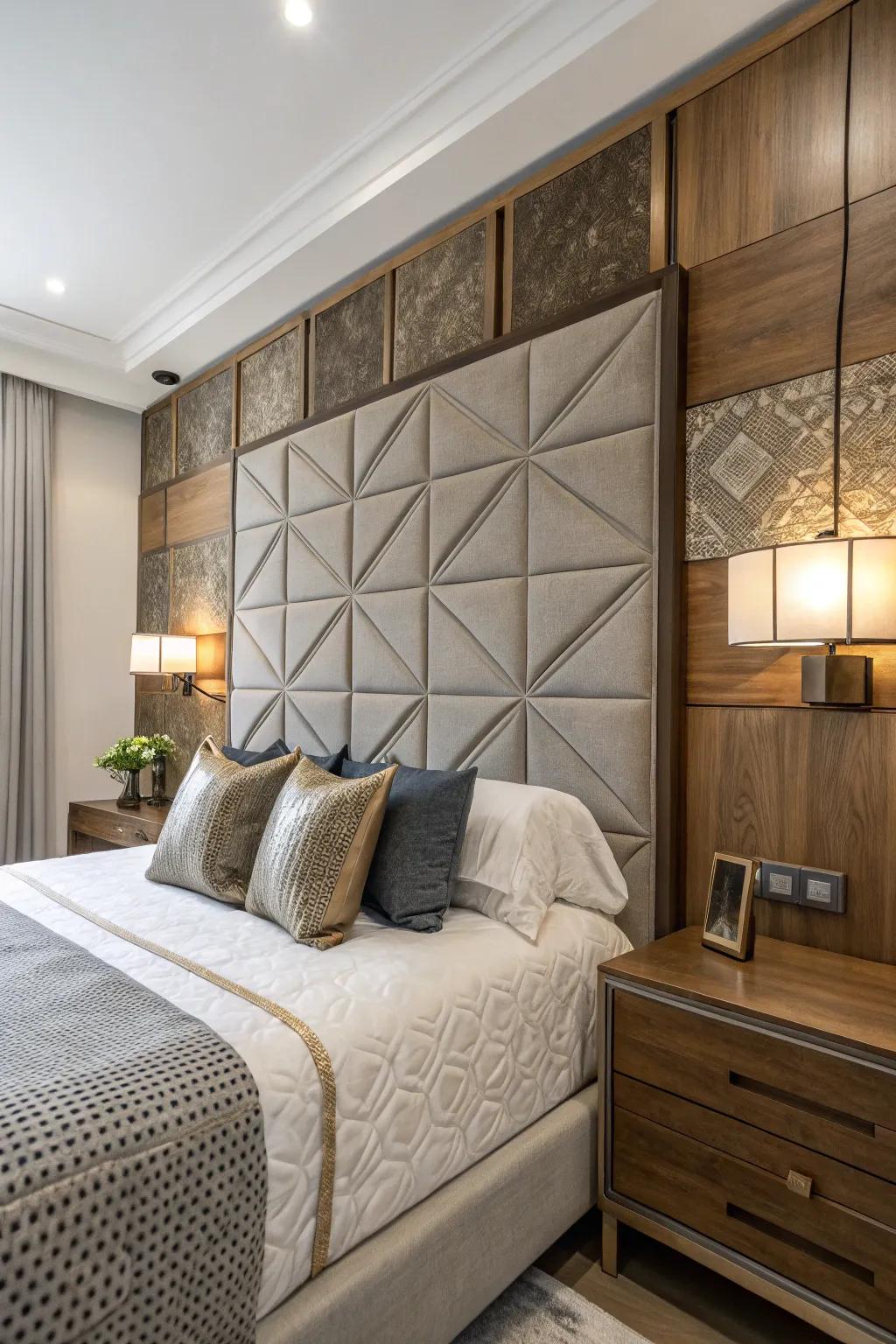 Create depth and interest with a headboard wall of mixed materials.