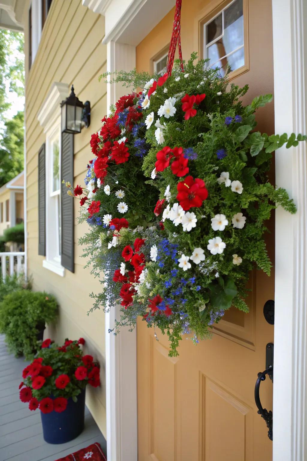 A vibrant floral wreath bursting with patriotic colors.