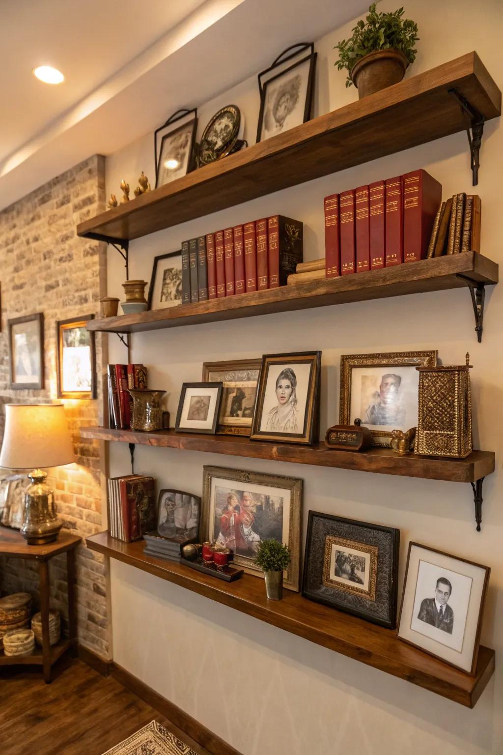 Decorative shelving filled with cherished keepsakes creating a dynamic memorial wall.
