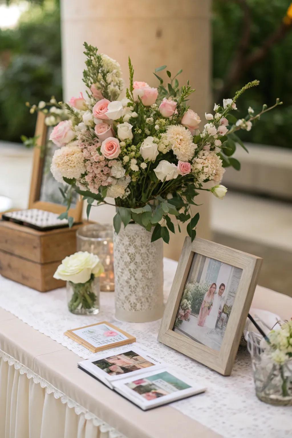 Elegant florals add grace and beauty to a wedding memory table.