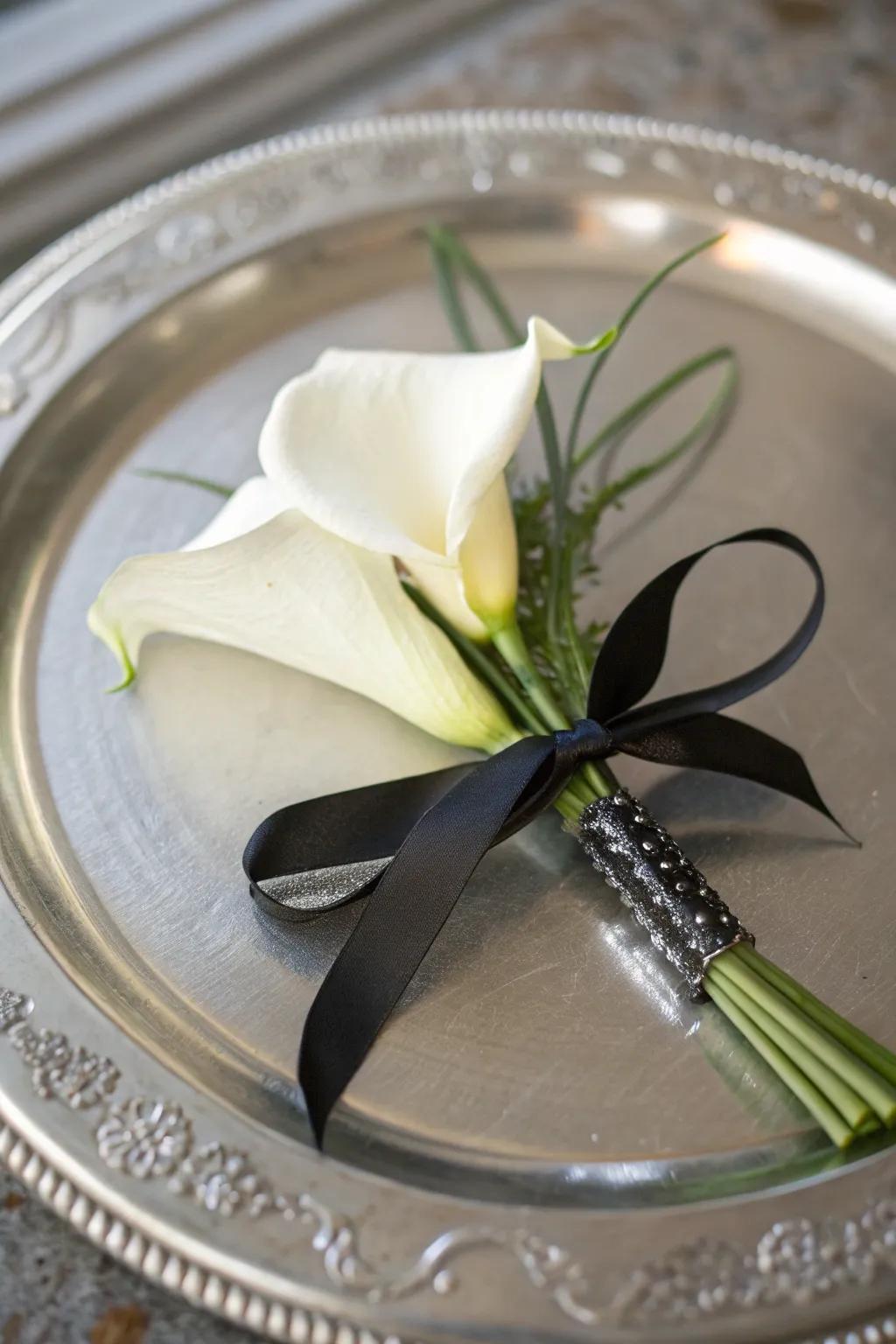 Calla lily boutonnieres bring modern elegance to any suit.