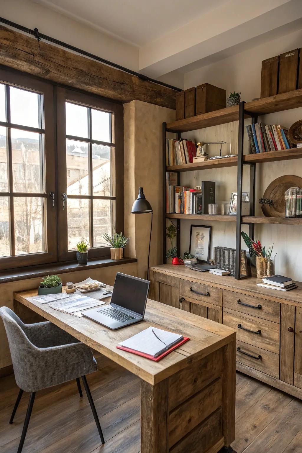 A reclaimed wood desk paired with matching shelves adds character to the office.