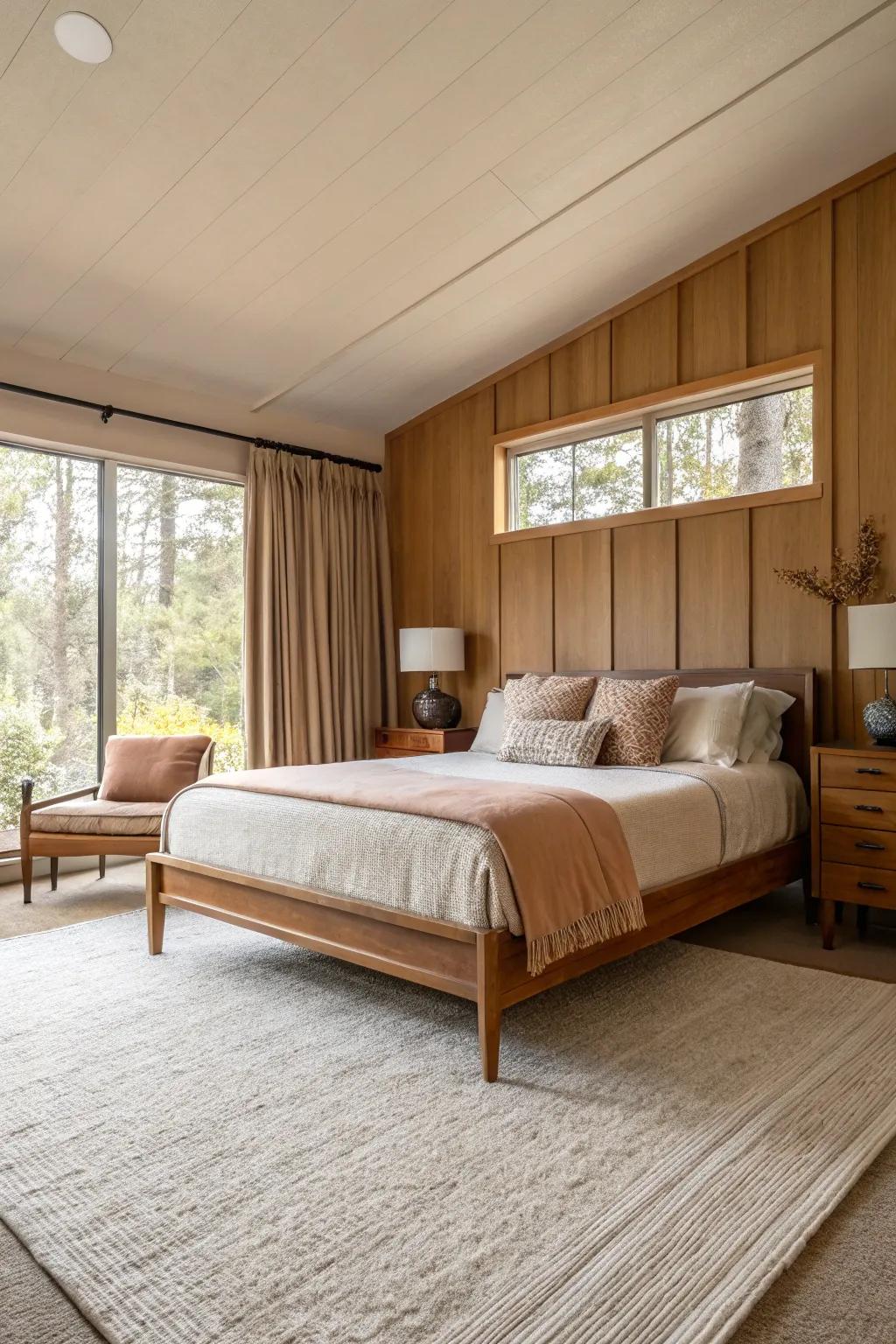 A mid-century modern bedroom featuring a soothing palette of neutral and earthy tones.