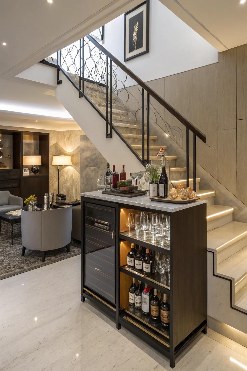 A mini bar under the stairs maximizes space efficiency and adds unexpected charm.