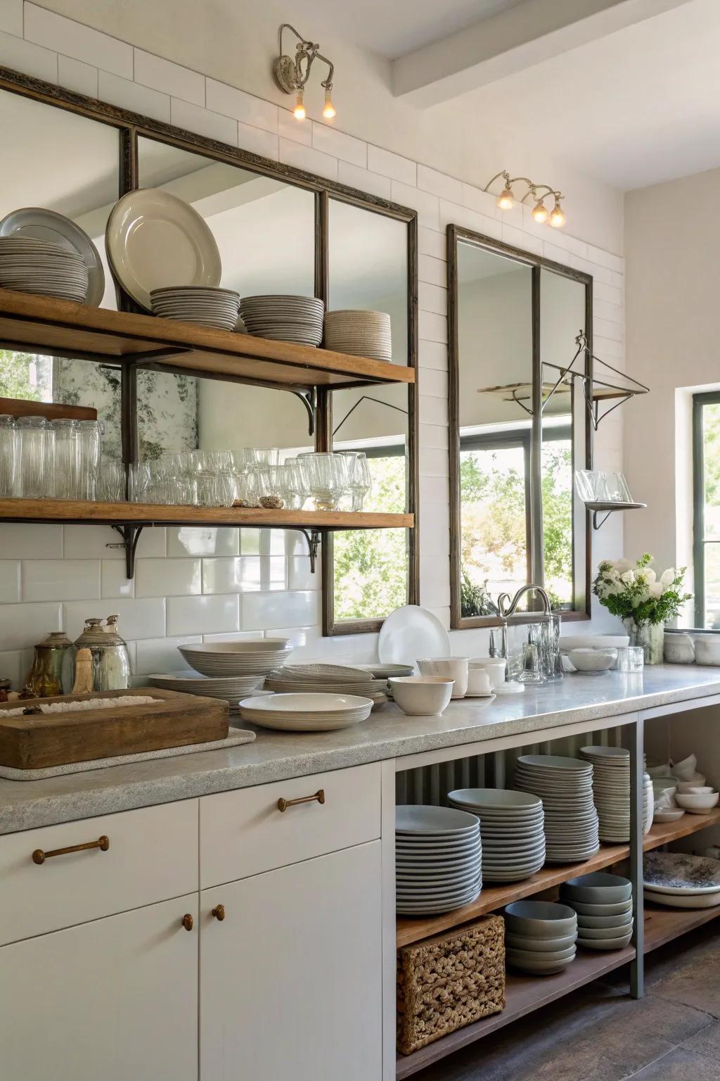 Open shelves with mirrors behind, enhancing depth and showcasing dishware.