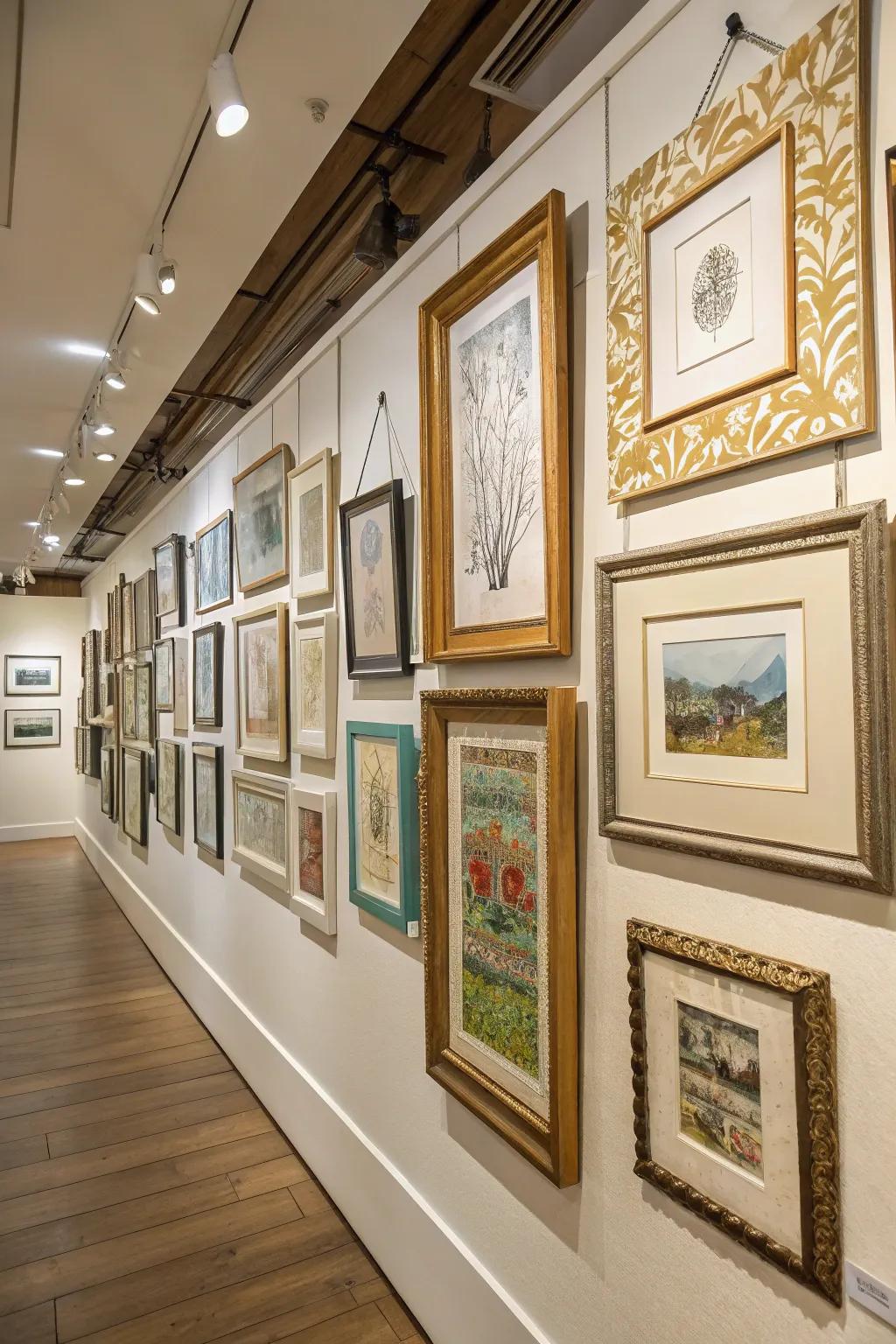 A mix of frame styles adds character to the gallery wall.