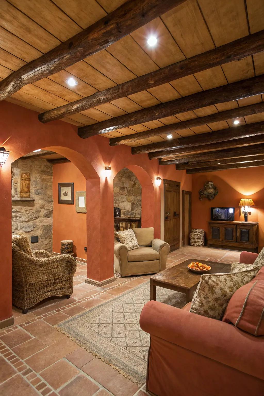 Terracotta tones add warmth and a touch of nature to your basement.