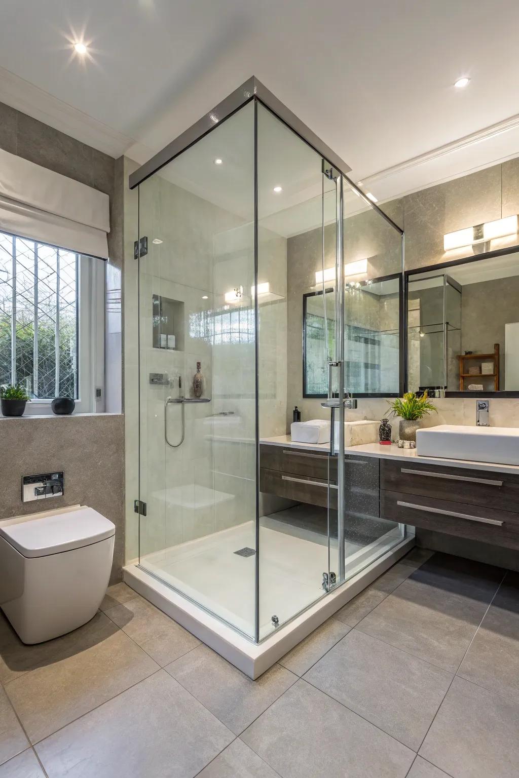 A frameless glass shower enclosure enhances the modern feel of the bathroom.