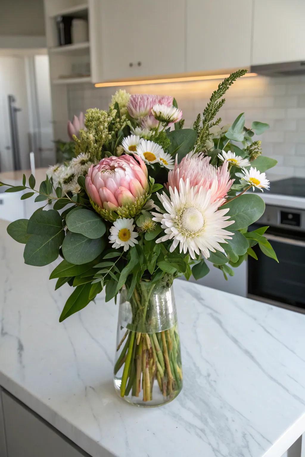 A diverse bouquet with a variety of flowers adding depth and texture.