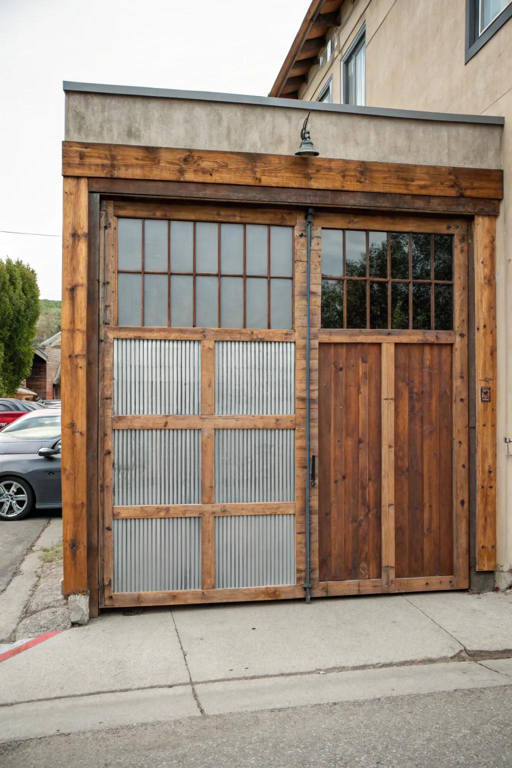 A mix of wood and metal creates a textured and inviting garage door.