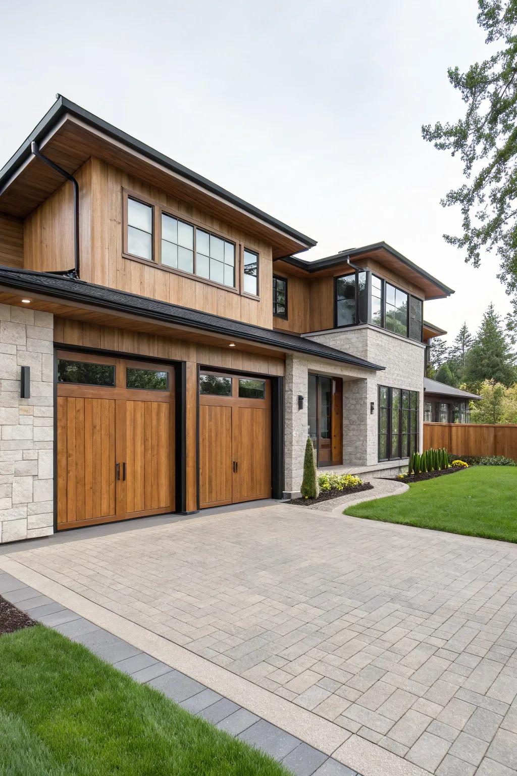 Warm wooden tones on both doors for a nature-inspired facade.