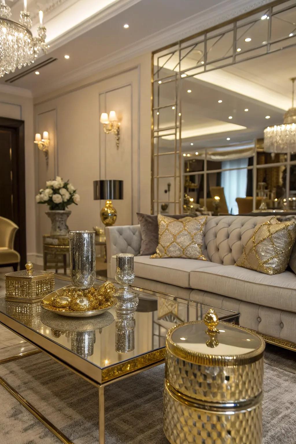 Mirrored surfaces amplify the elegance of gold and silver decor.