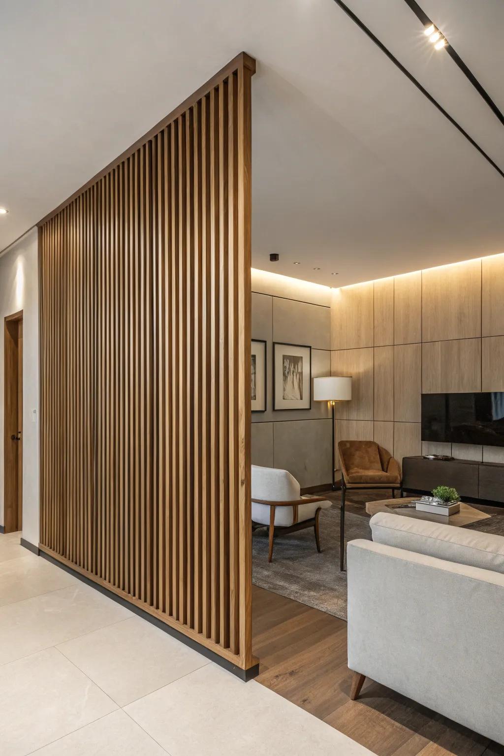 Vertical wood slats on a half wall create a striking visual effect.