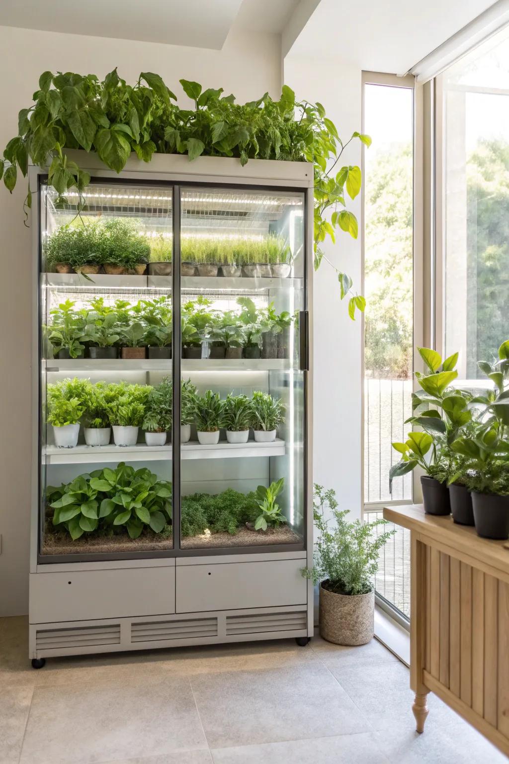 Greenery adds a touch of nature and vibrancy to the hutch decor.