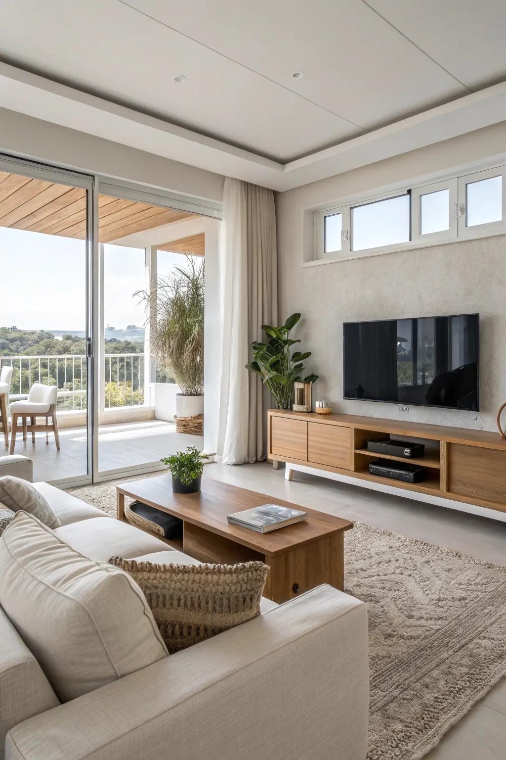 Neutral colors create a calming atmosphere in a modern living room.