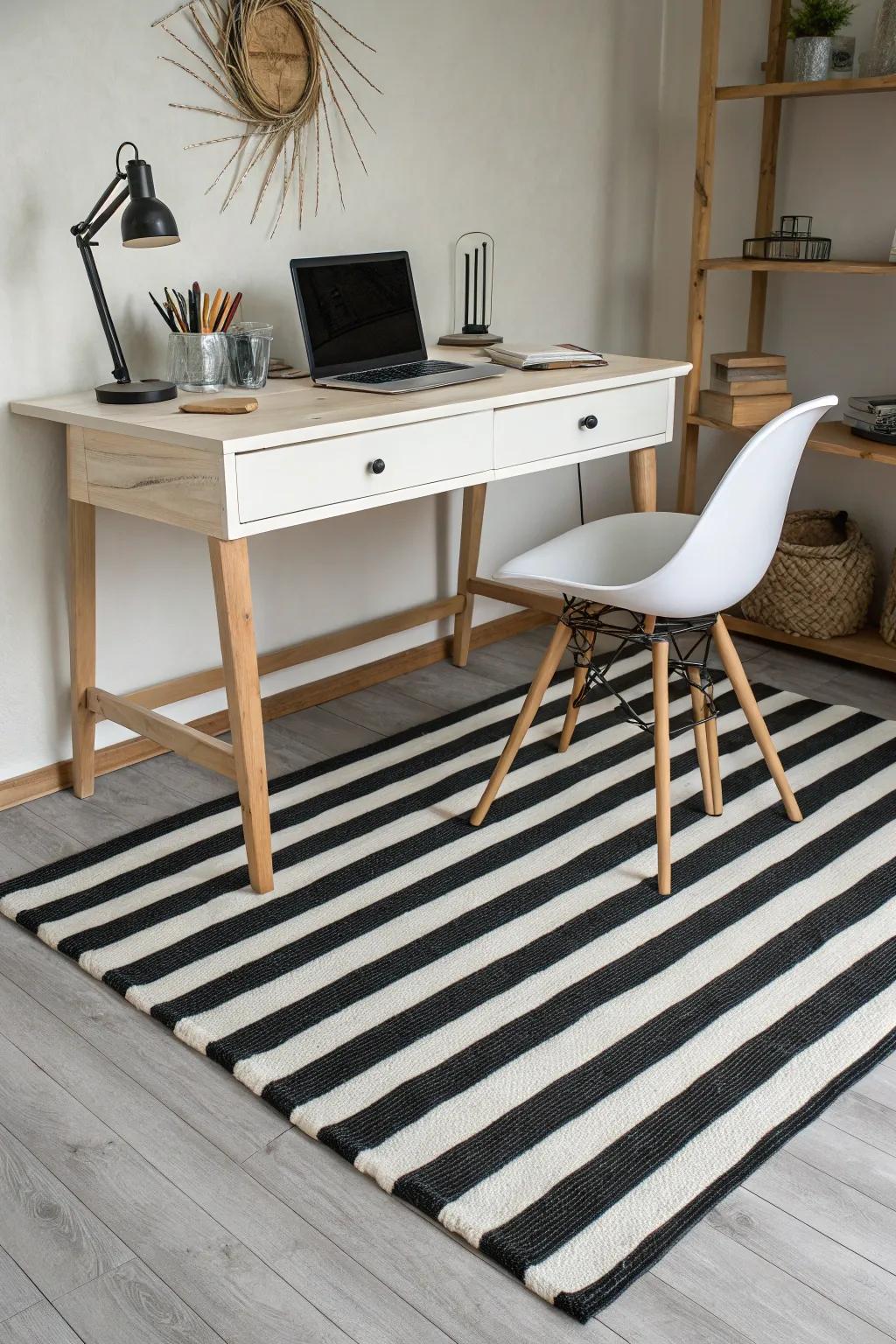 Monochrome rugs create a sleek, uncluttered look.