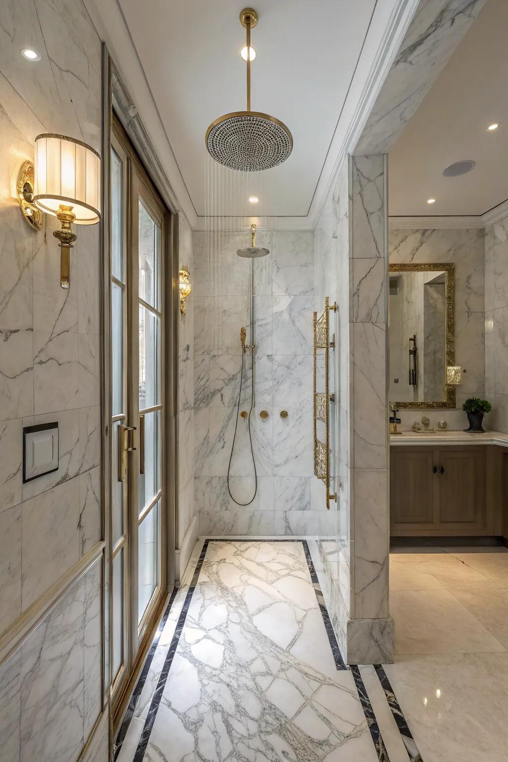 A luxurious marble shower that exudes elegance and sophistication.