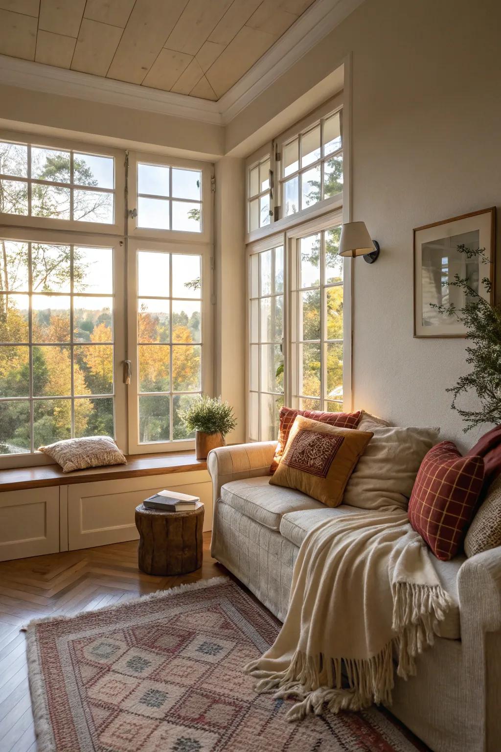 A small living room with large windows maximizing natural light.