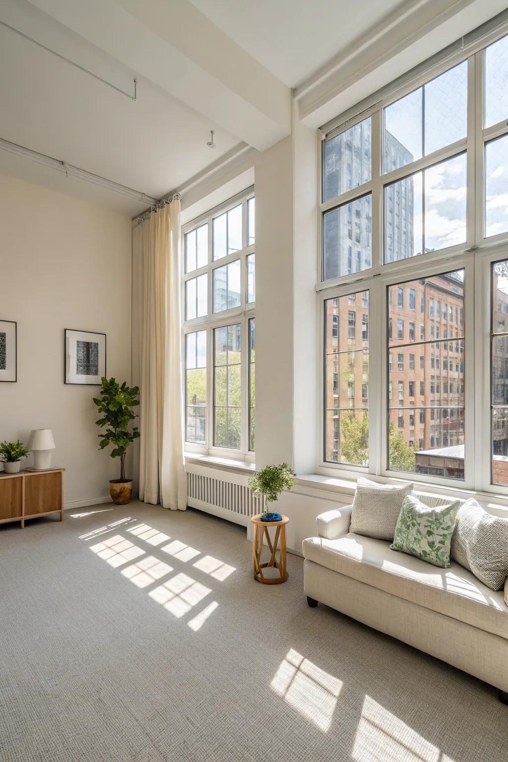 A bright studio apartment with large windows and light-colored walls that enhance natural light.