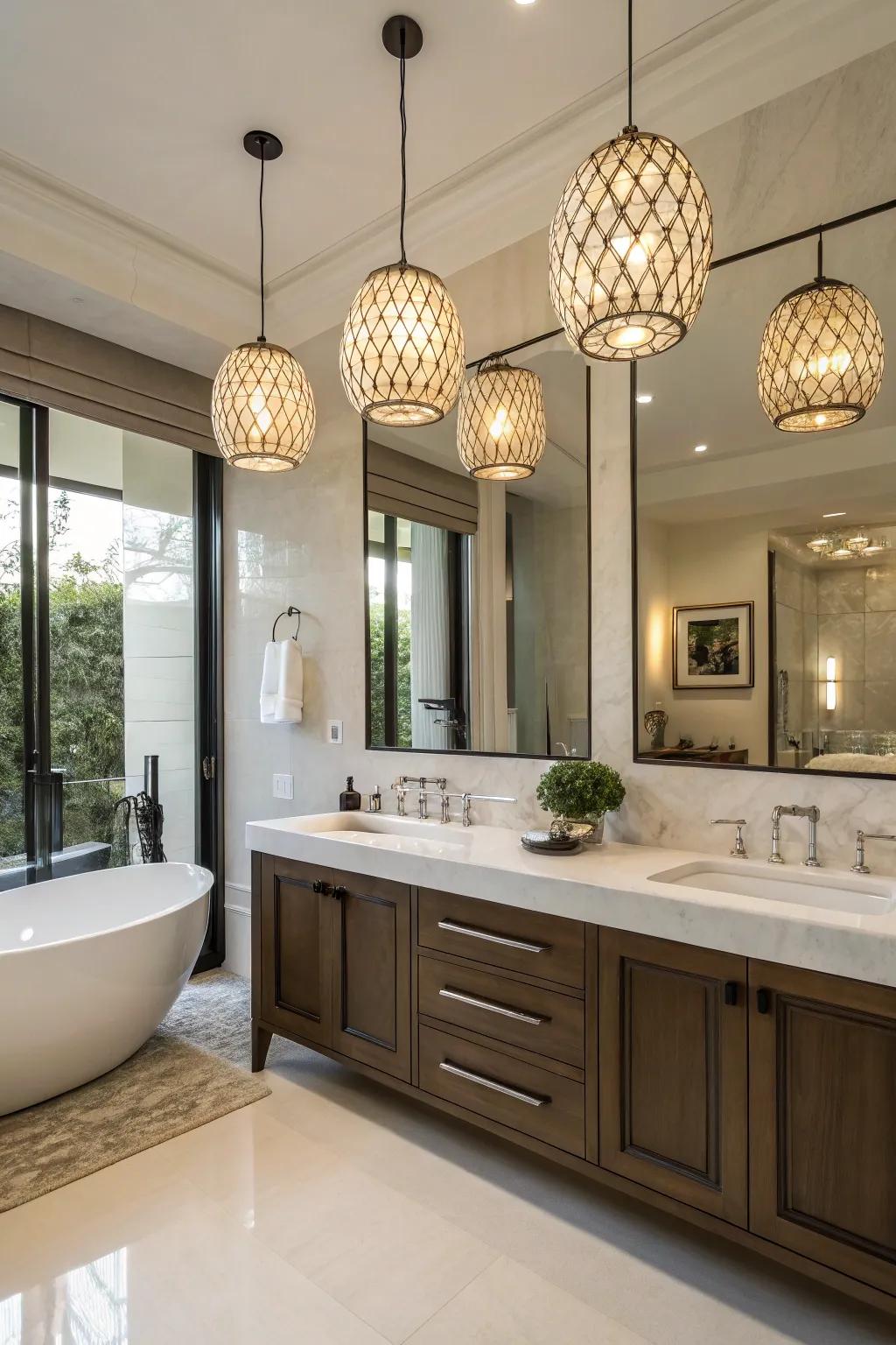 Chic pendant lights bringing elegance to the bathroom.