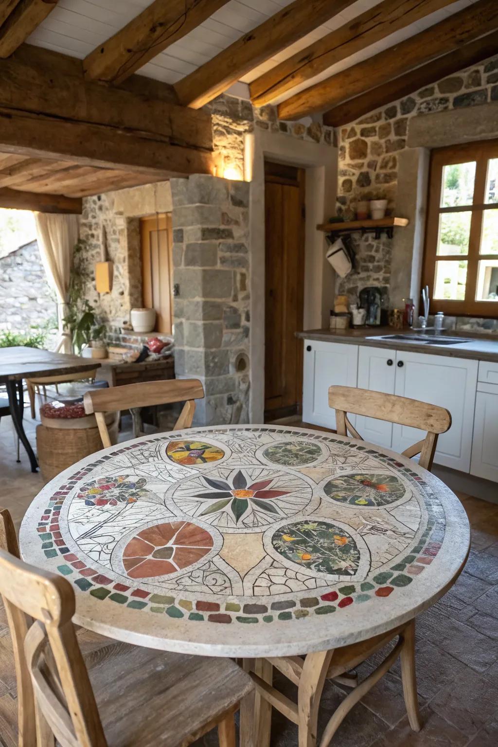 A mosaic table crafted from broken dishes creates a rustic and personalized charm.