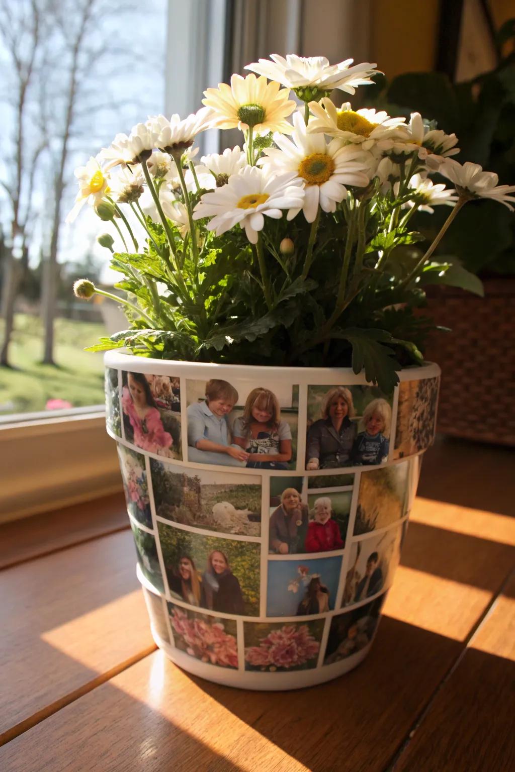 A flower pot decorated with treasured family photos.