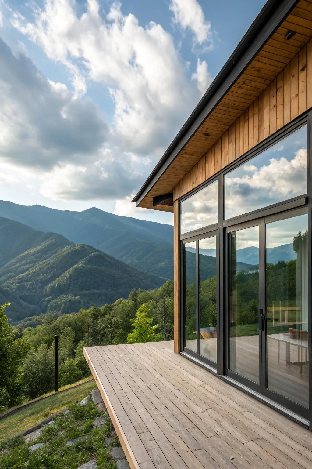 A modern cabin with expansive windows offering breathtaking mountain views.