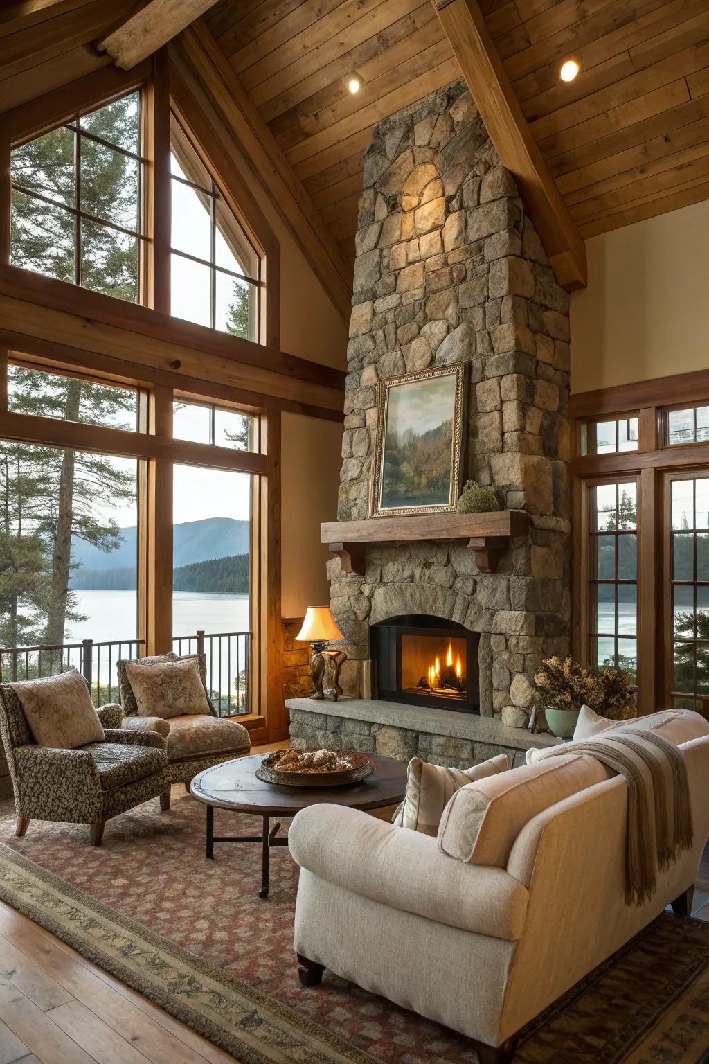 A stone fireplace creates a cozy gathering place.