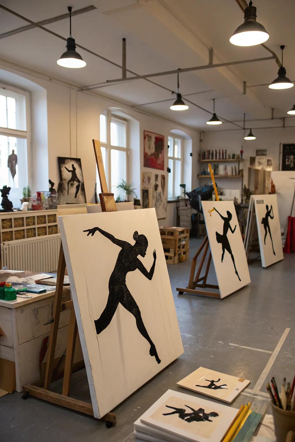 Silhouette figures in motion, spread across multiple canvases, bringing a sense of movement to the studio.