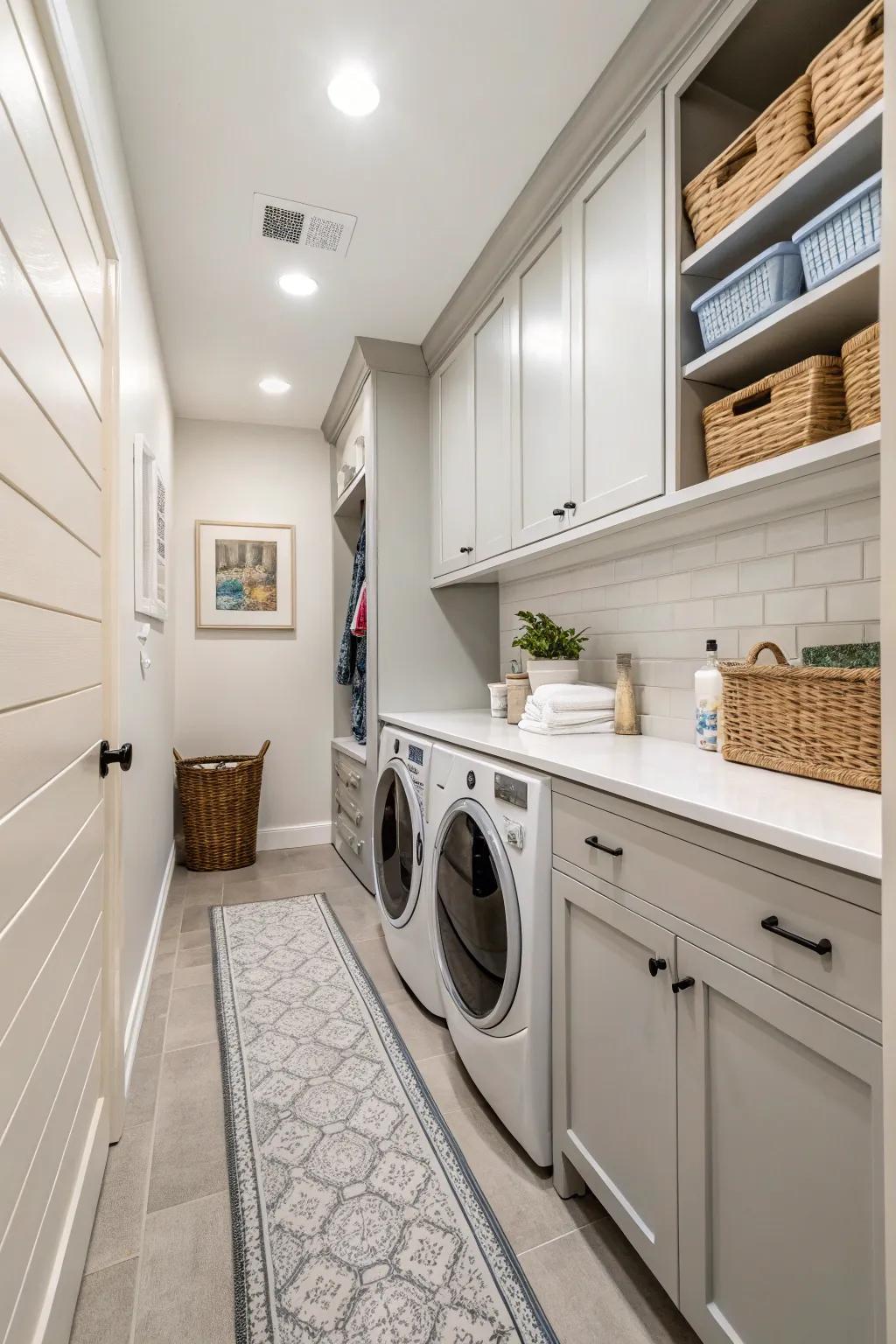 Light colors like white and gray can make your laundry room feel larger and more inviting.
