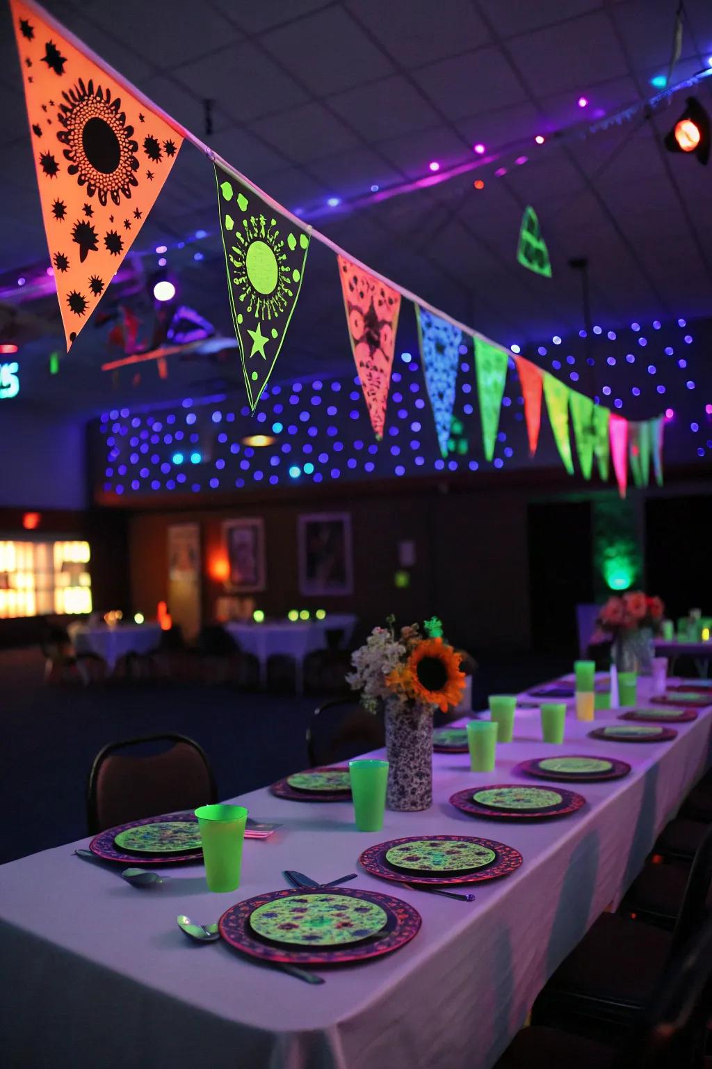 Handmade glow-in-the-dark banners and table settings adding a unique touch to a neon-themed party.