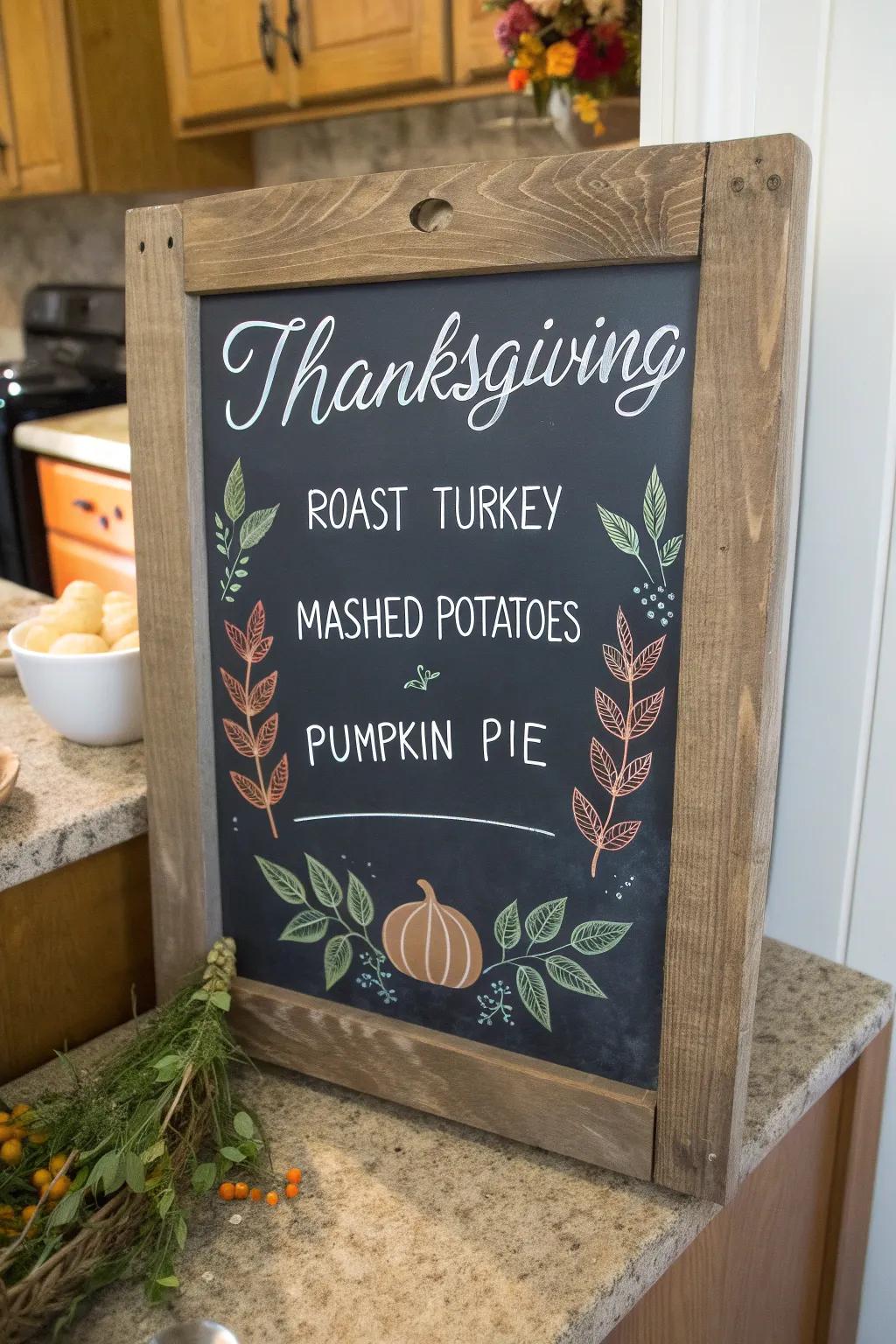 A stylish Thanksgiving menu chalkboard that sets the mood for a festive gathering.
