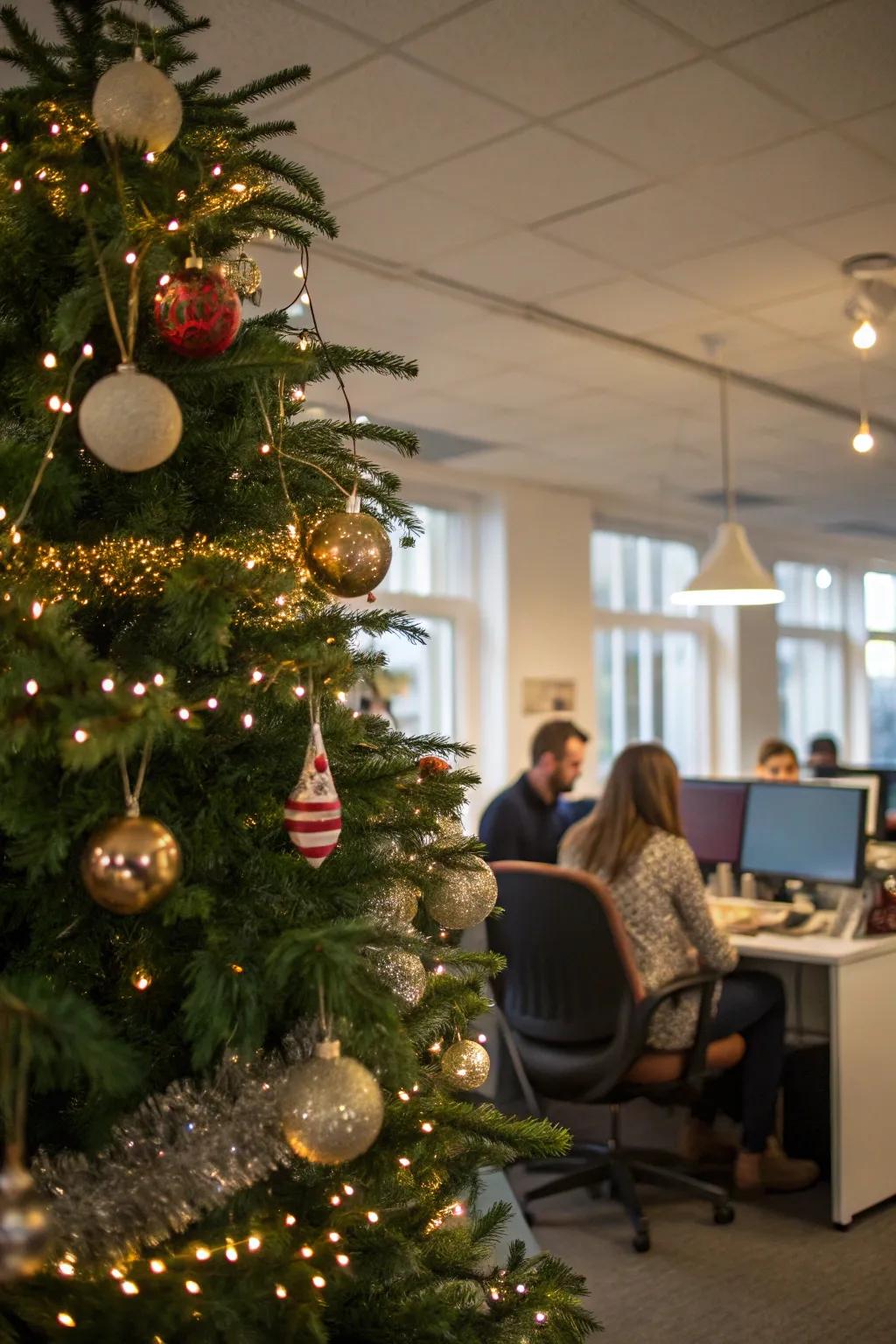 A Christmas tree with handmade ornaments adds a personal touch.