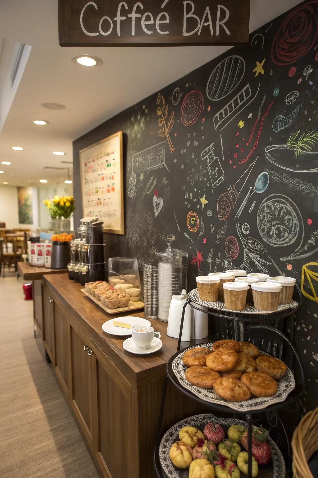 A chalkboard wall adds personality and encourages interaction in your coffee bar.