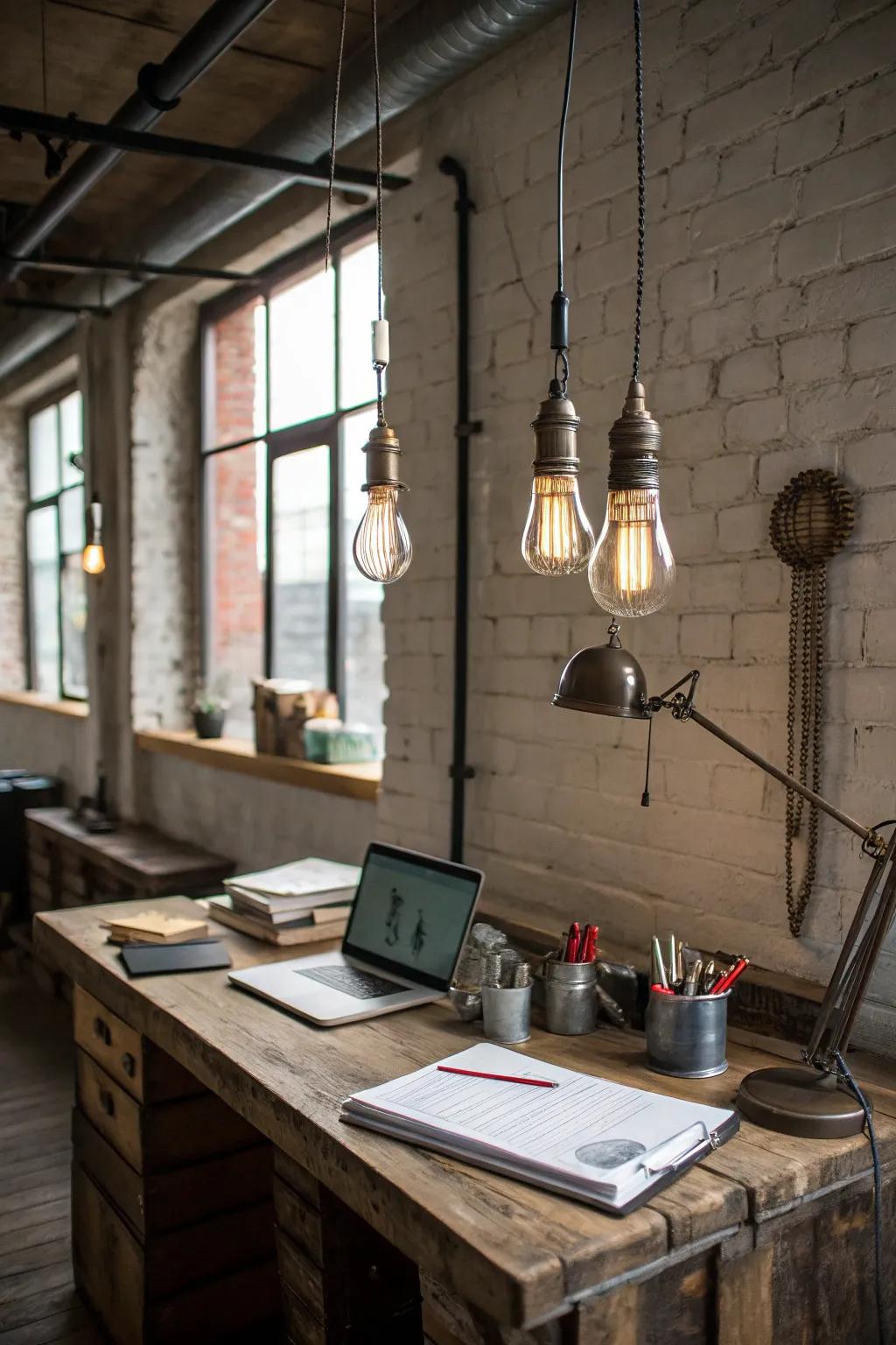 Create an industrial chic look with metal pendant lights and exposed bulbs.