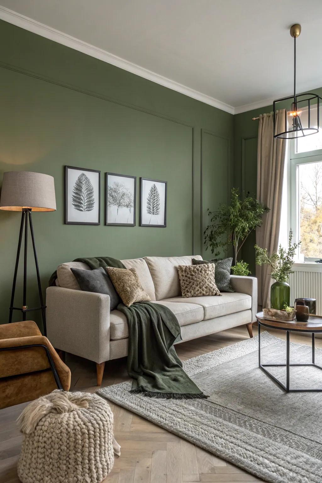 Modern and cozy elements coexist with olive green walls.