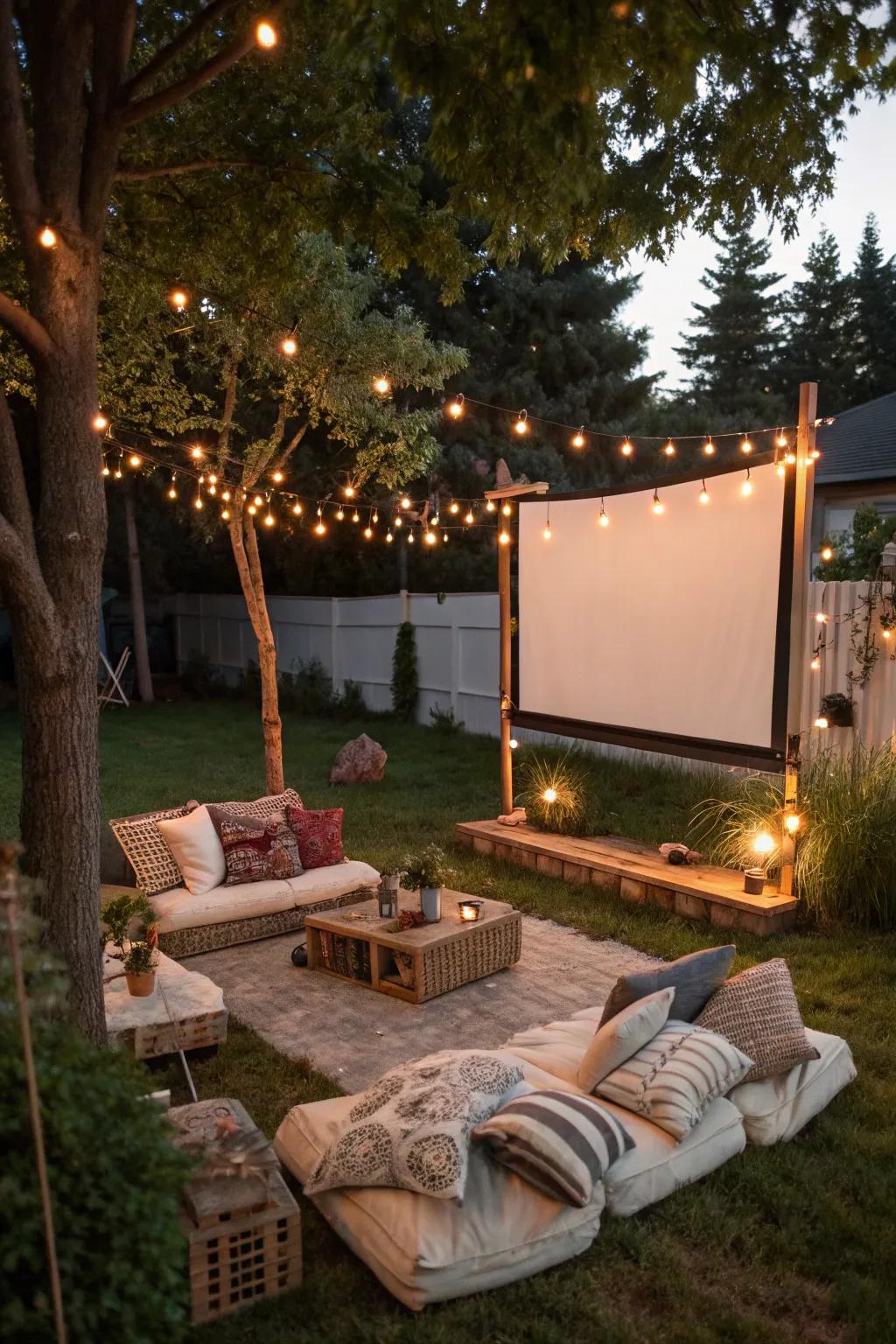 An enchanting backyard transformed for a movie night under the stars.