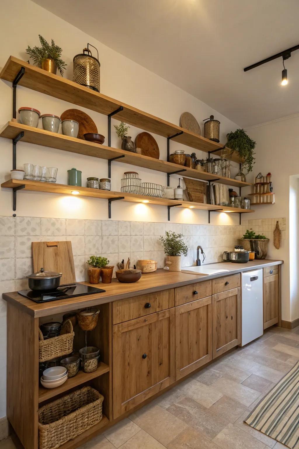 Open shelving in a one-wall kitchen displaying decorative kitchenware.