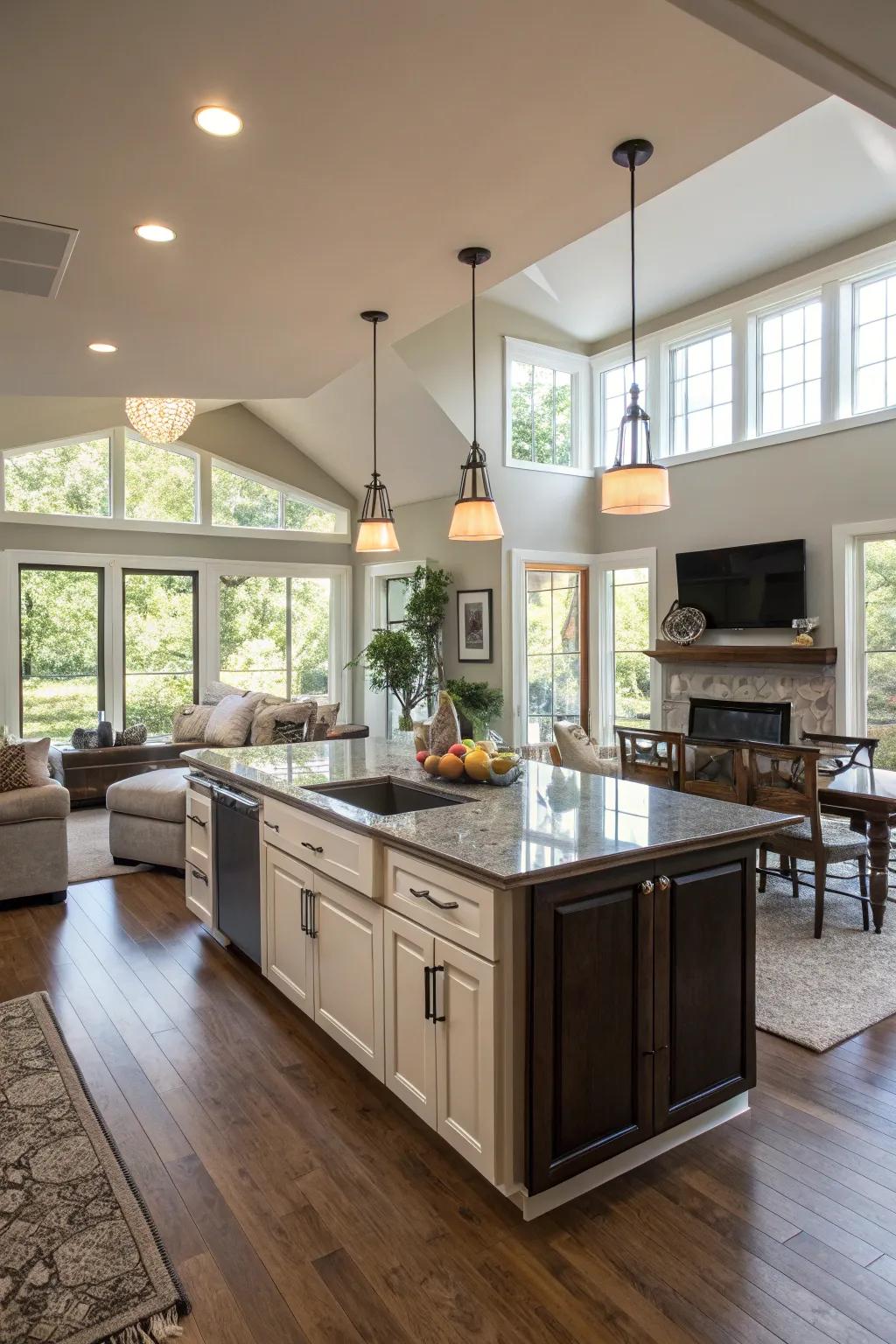 A versatile kitchen island serving as the focal point in an open concept space.