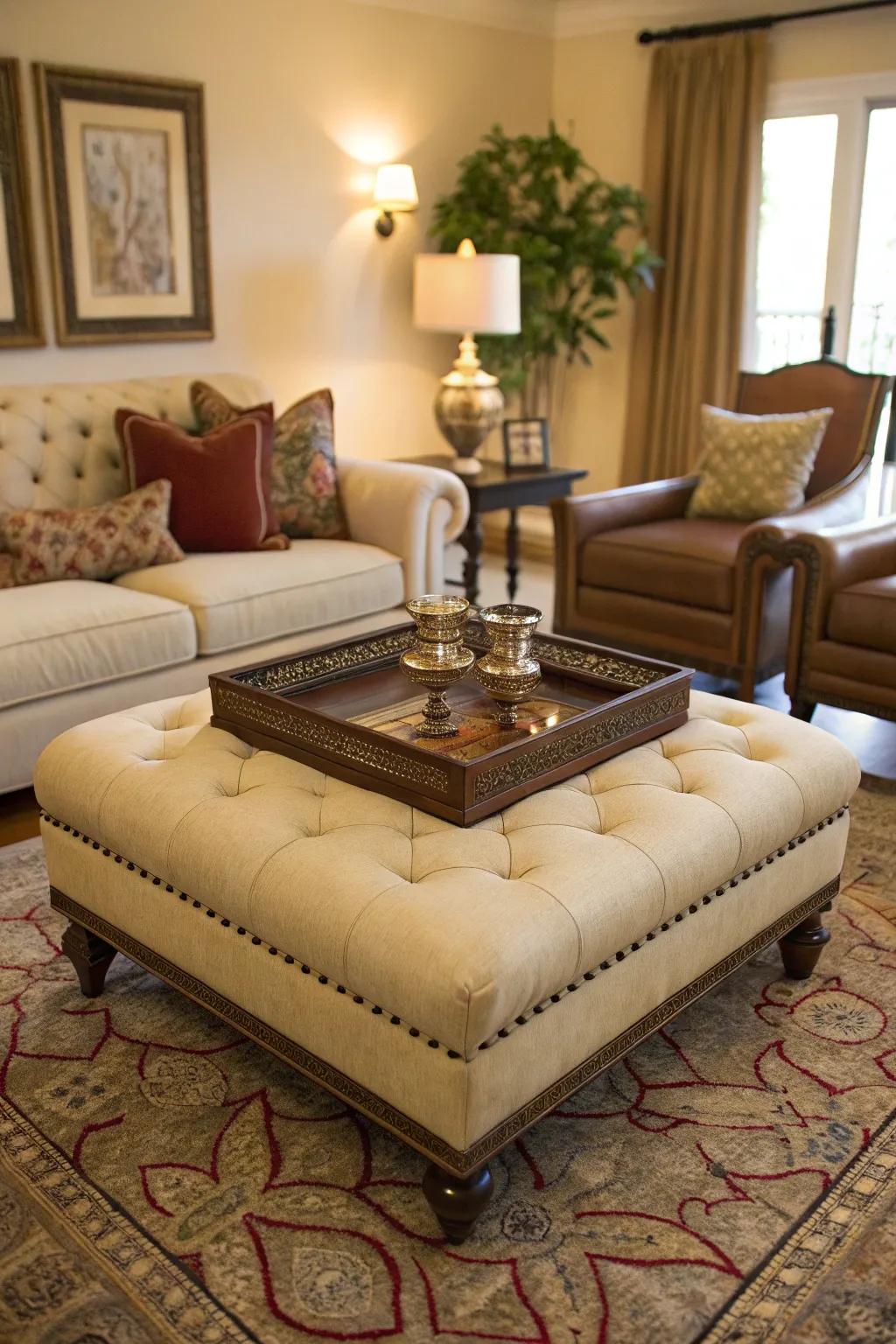 A versatile ottoman doubles as a coffee table with the addition of a decorative tray.